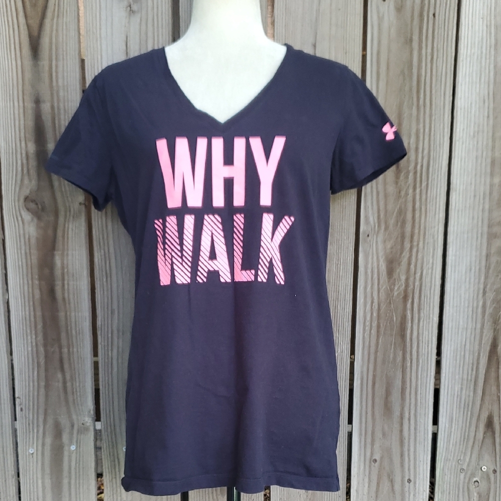 Under Armour Why Walk When You Can Run Black Pink Logo V-Neck T-Shirt L